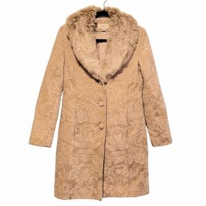 Vintage Merona Jacquard Coat w/ Removable Faux Fur Collar, Tan, size Small